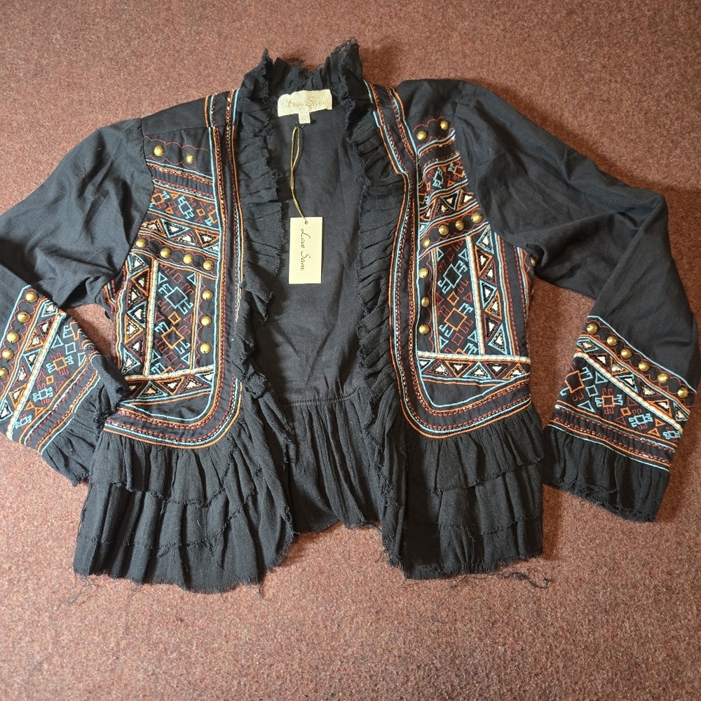 Love Sam Black Embroidered Ruffled Jacket with Blue and Orange Accents